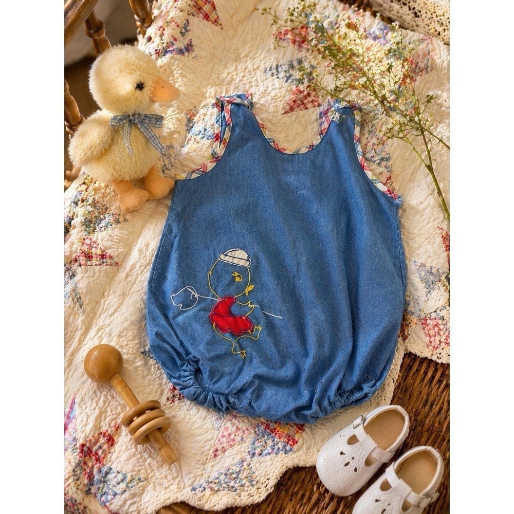 baby romper chambray denim embroidered duck handmade bubble infant 3-9 Months ?